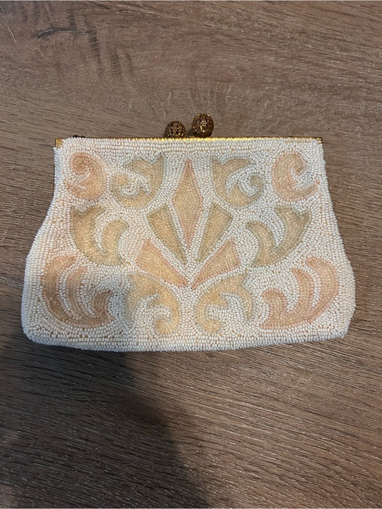 Walborg Handbags - Walborg Vintage Beaded Evening Clutch Purse Ivory Pastel Swirl Gold Chain